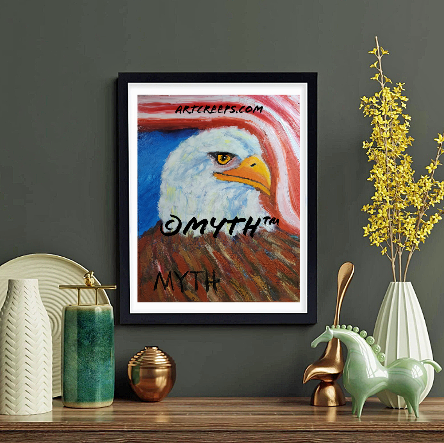 American Eagle by MYTH, an authentic hand-done oil painting of an eagle in unique unblended brush strokes and warm tones.
