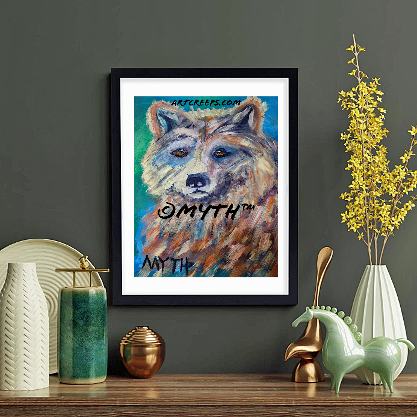 Framed photo of an authentic hand-painted oil painting by MYTH, titled "Furry Bear", a bear in painterly style with unique, unblended brush strokes and warm colors.
