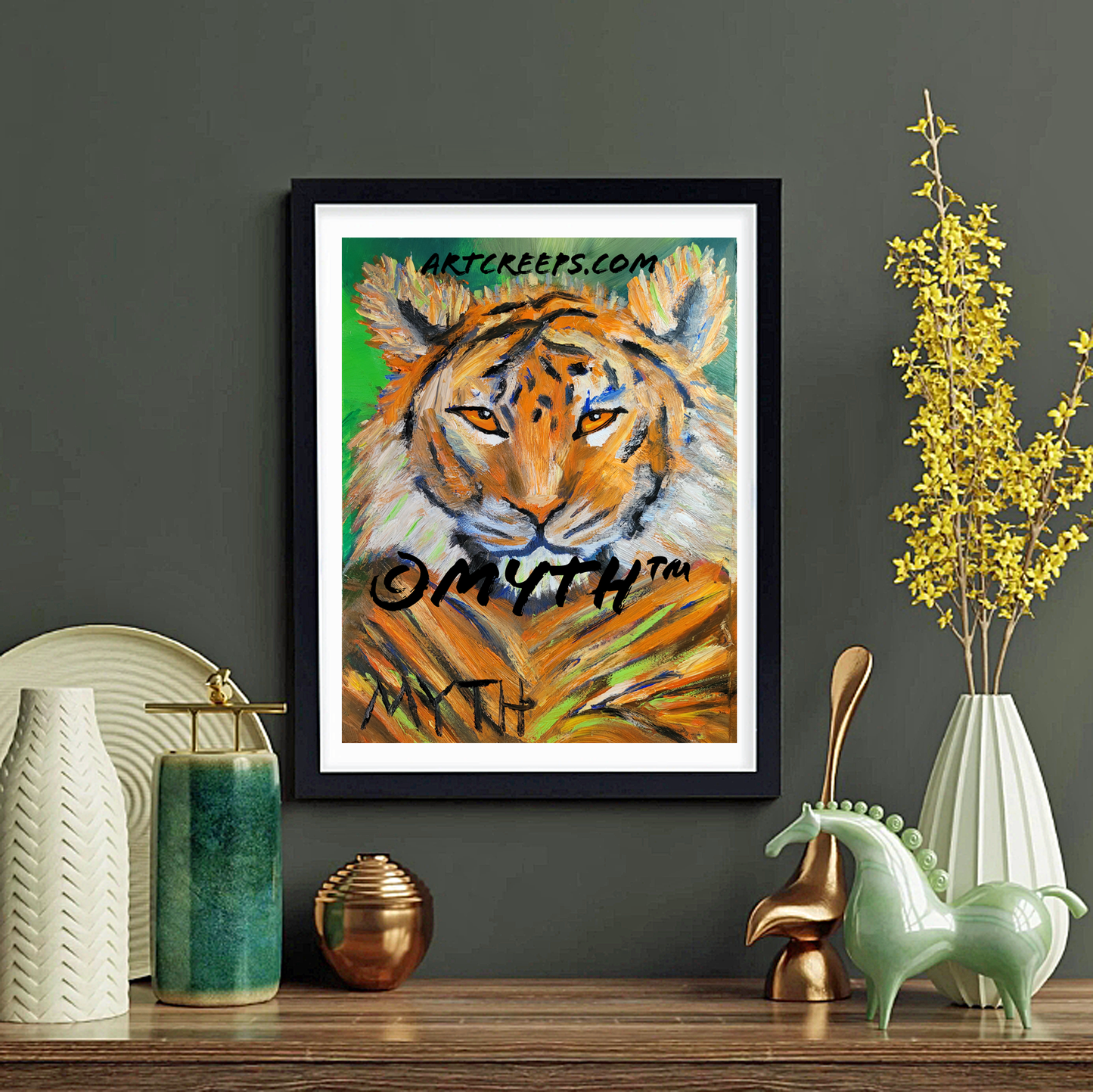 Framed print of an authentic, hand-painted oil painting titled "Jungle Tiger" by artist MYTH. The tiger stands out against a green background, his fur and details a unique collage of unblended brushstrokes and soothing colors.