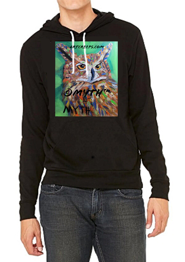 Unisex wildlife art hoodie sold by Art Creeps, featuring an original authentic oil painting by MYTH of an owl, painted in unique unblended brushstrokes and textures and warm tones.