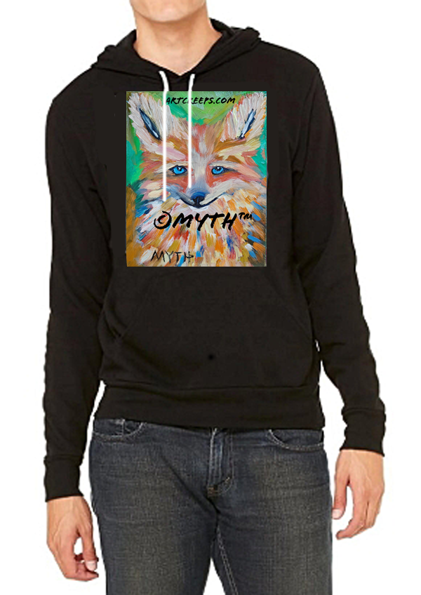 Unisex wildlife art hoodie sold by Art Creeps, featuring "Colorful Fox" by MYTH, an expressive fox painted in unique, unblended brush strokes and bright colors.
