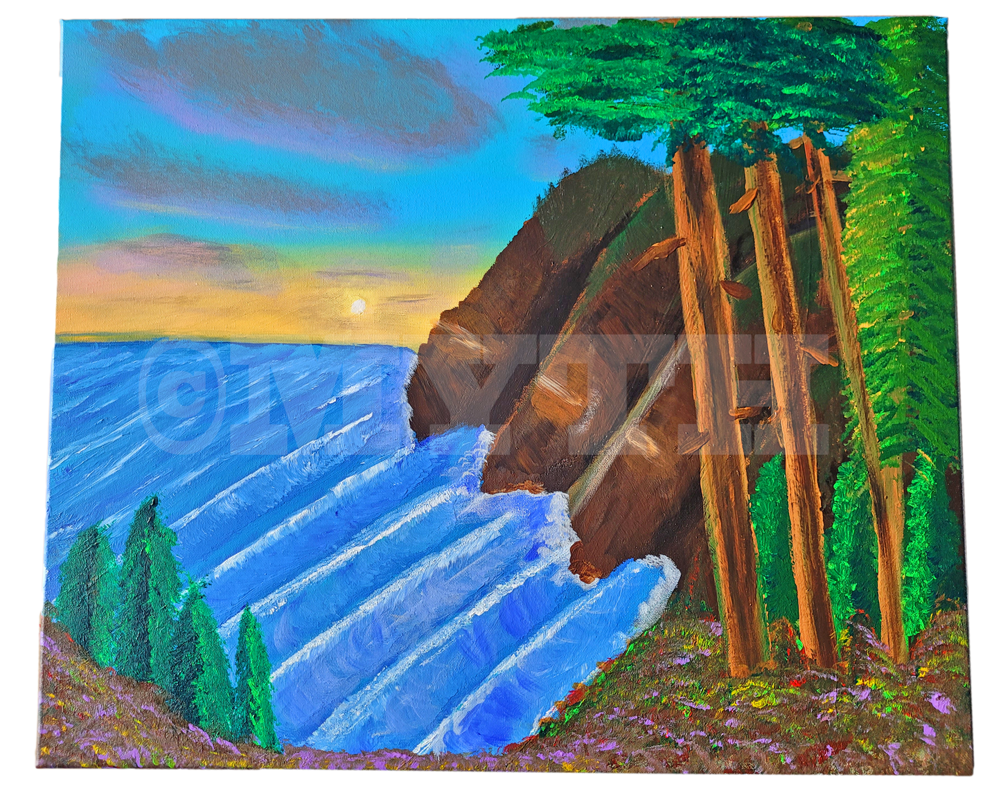 Authentic free hand acrylic on canvas painting of ocean waves crashing against a cliffside, with trees in front and autumn foliage around.