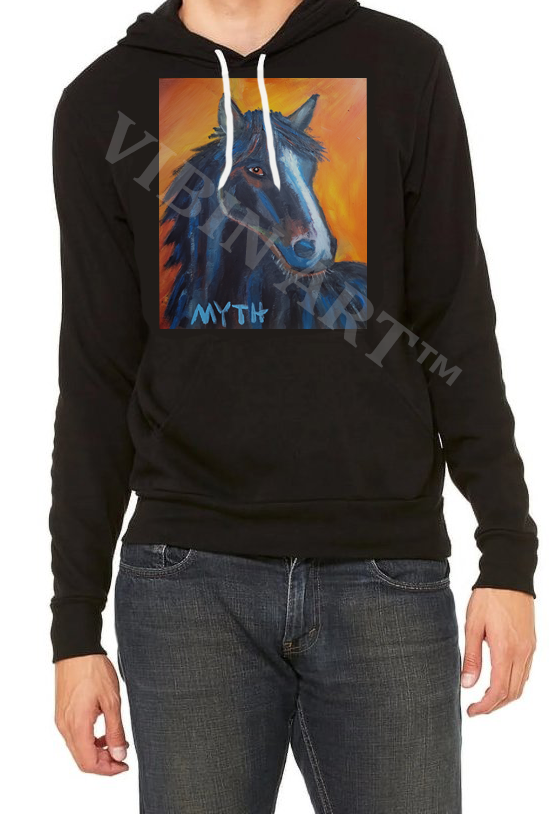 Hoodie sold by Vibin Art featuring an authentic hand-painted oil painting by artist MYTH, titled "Nightmare", a beautiful black horse standing proud against a bright orange, yellow and red background.