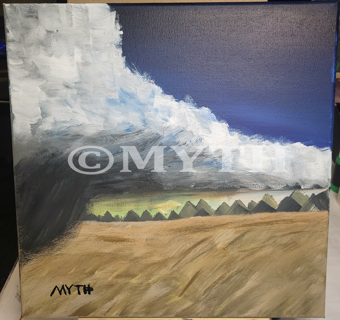 Original acrylic on canvas painting of Storm Blowing In, by artist MYTH. 14x14 inches.