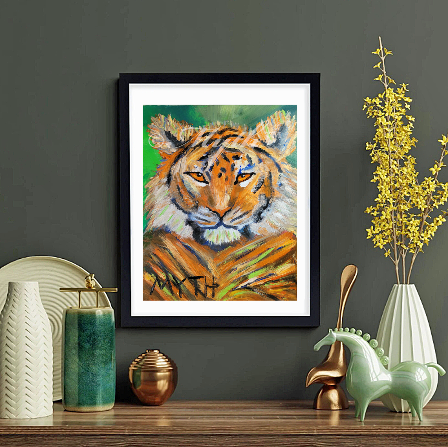 Framed reprint of authentic original oil painting of a beautiful tiger