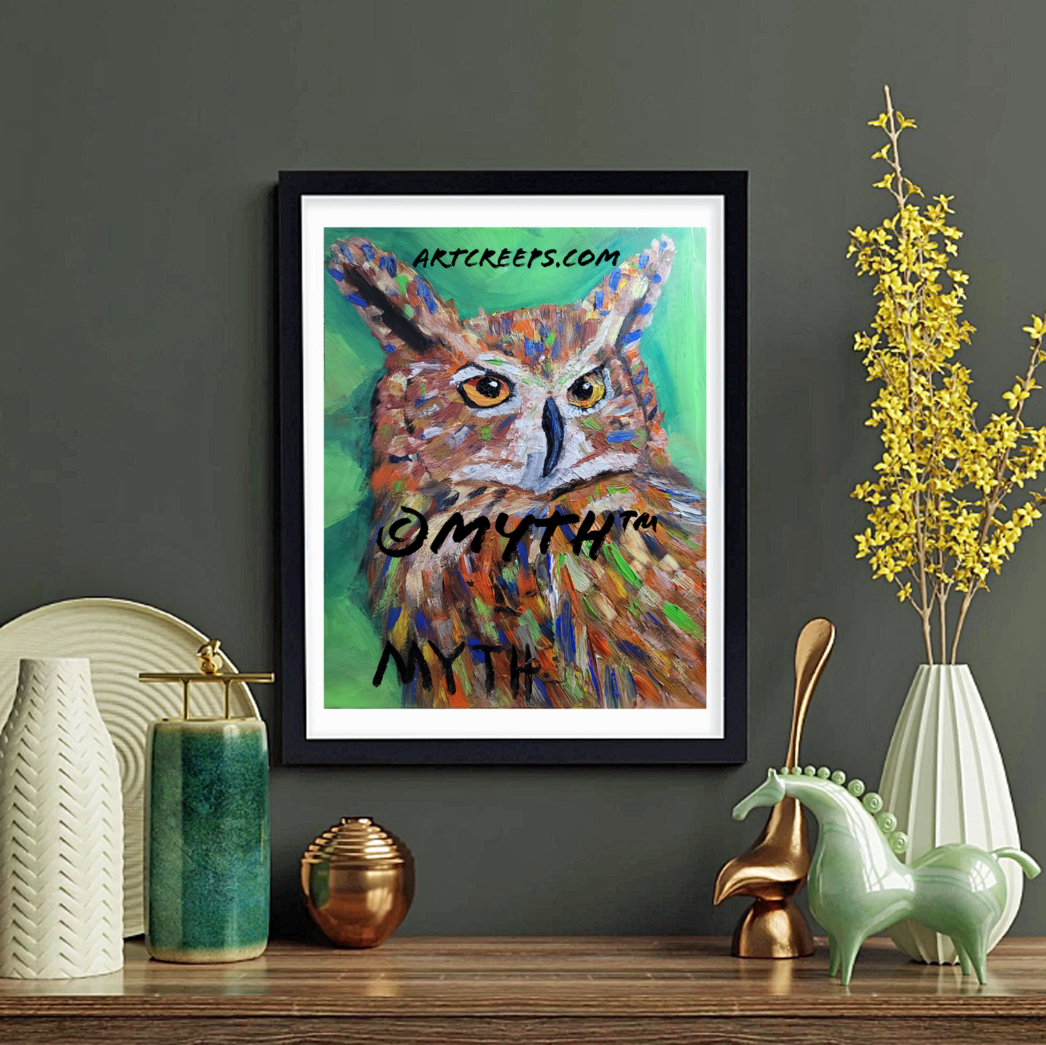 Framed print of an authentic hand-painted oil painting titled "Pretty Boy" by artist MYTH, a dog painted in thick unblended brushstrokes, forming a beautiful resemblance of a dog.