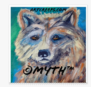 A page of a calendar from Art Creeps, featuring a wildlife painting of a bear, from MYTH's wildlife oil painting collection. 