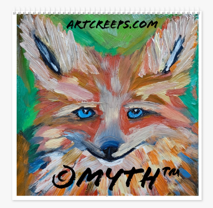 An Art Creeps calendar page showing an authentic hand-painted oil painting of a fox by artist MYTH. 