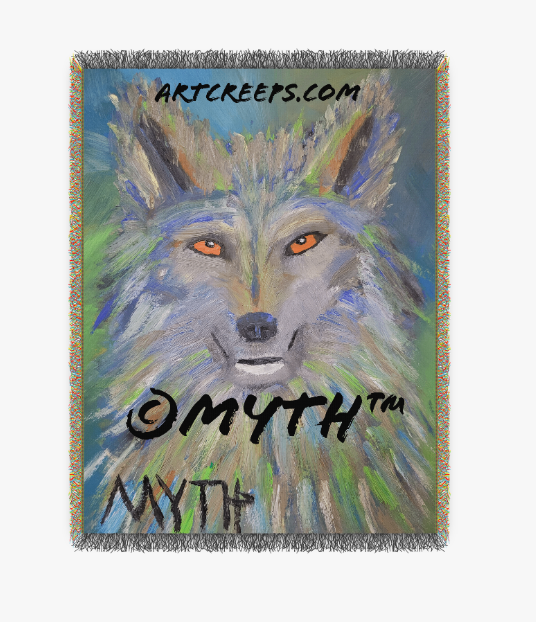 100% cotton woven blanket sold by Art Creeps, featuring "Green Wolf", an authentic original hand-painted oil painting by MYTH, depicting a wolf painted in unblended brushstrokes and warm colors.