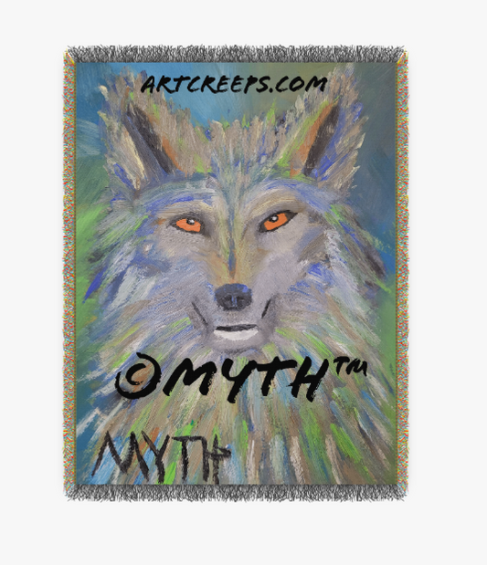 100% cotton woven blanket sold by Art Creeps, featuring "Green Wolf", an authentic original hand-painted oil painting by MYTH, depicting a wolf painted in unblended brushstrokes and warm colors.