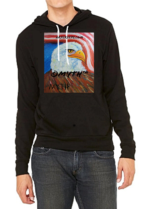 Art Creeps American Eagle hoodie, featuring an authentic oil painting by artist MYTH, titled American Eagle, with bold colors and thick brushstrokes. The image is watermarked artcreeps.com and ©MYTH™ for copyright protection purposes.
