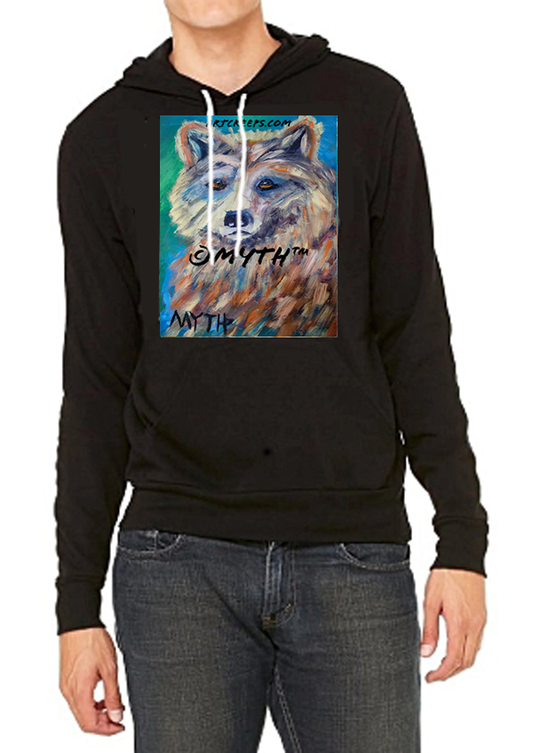 A unisex wildlife art hoodie from Art Creeps featuring an authentic, hand-painted oil painting by MYTH, titled "Furry Bear", an expressive bear painted in colorful, unblended brushstrokes. 