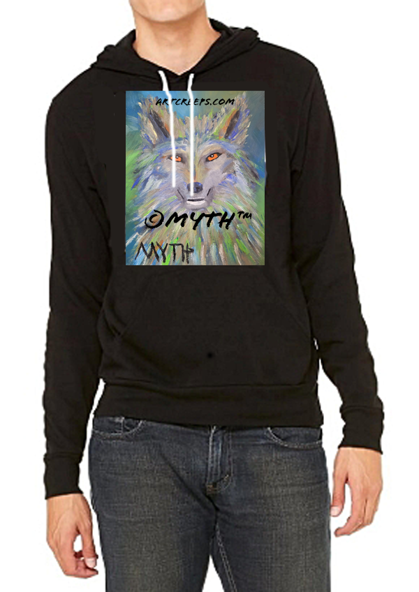 Unisex hoodie sold by Art Creeps, featuring artist MYTH's "Green Wolf" authentic oil painting of a wolf painted in unique brushstrokes and color tones.