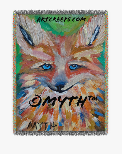 Woven blanket from Art Creeps featuring an authentic hand-painted oil painting of "Colorful Fox" by artist MYTH, a wildlife animal portrait of a fox in a painterly style with unique colors and unblended brushstrokes. 