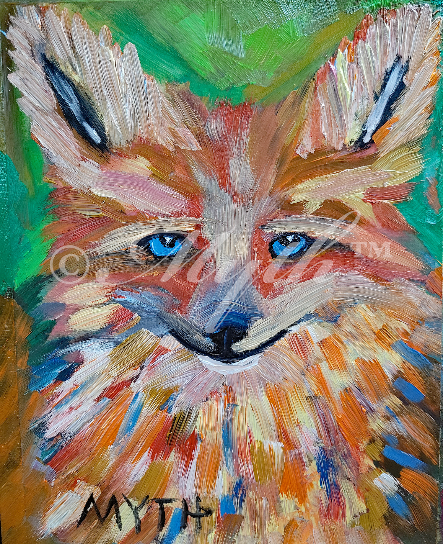 "Colorful Fox", an oil painting on wood by artist MYTH, of a colorful fox portrait. The fox is painted in thick, unblended brushstrokes and multiple bright, happy colors. The artist's signature, MYTH, is in the lower left corner and the image is watermarked for copyright purposes.