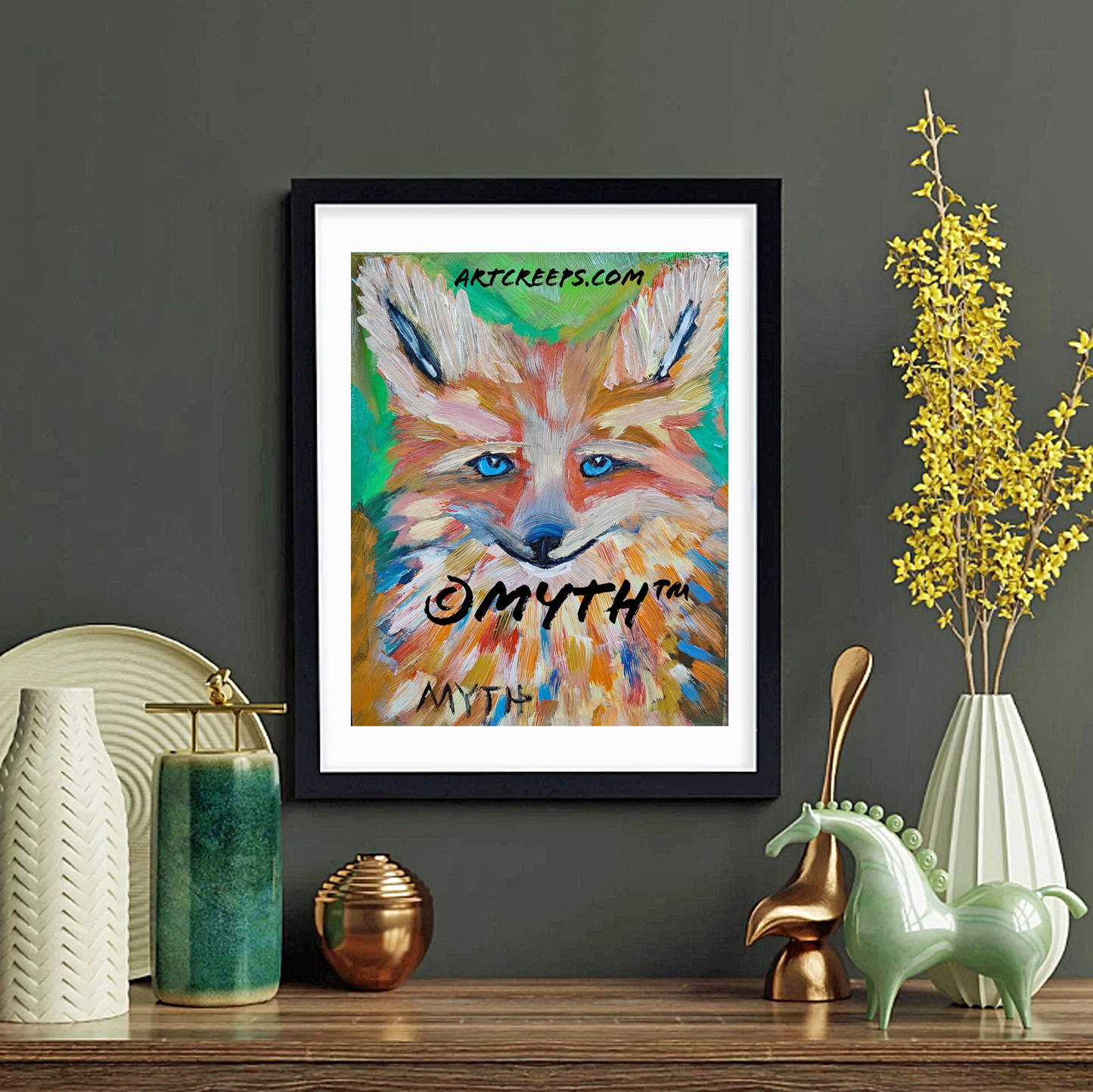 Authentic hand-painted framed reprint of an oil painting on wood, titled "Colorful Fox" by artist MYTH. The painting is a Fox, an animal portrait in a painterly style featuring unique colors and brushstrokes. 