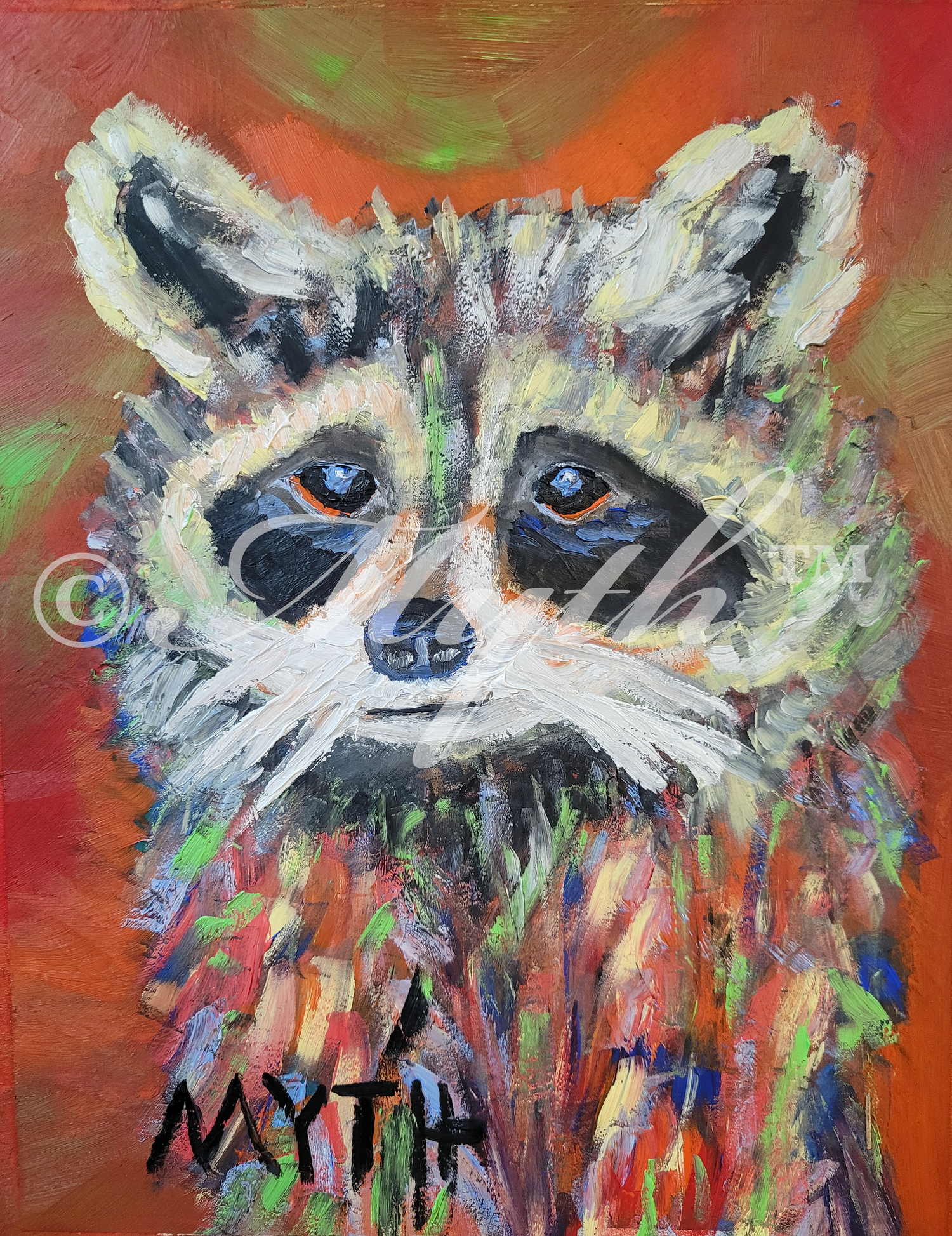Oil on wood painting by artist MYTH of a cute, friendly raccoon painted in uneven, thick brush strokes and lots of happy colors: red, green, blue, yellows. The background is gradient reds and greens. The artist's signature MYTH is in the lower left corner and the image is watermarked for copyright protection purposes.