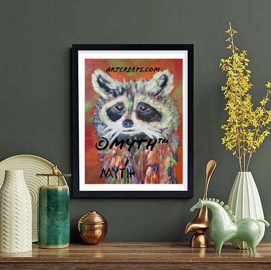 Framed re-print of MYTH's original authentic oil painting of Cute Coon Raccoon, an adorable forest animal in a painterly style with bright colors and unique brush strokes. Part of MYTH's wildlife collection. 