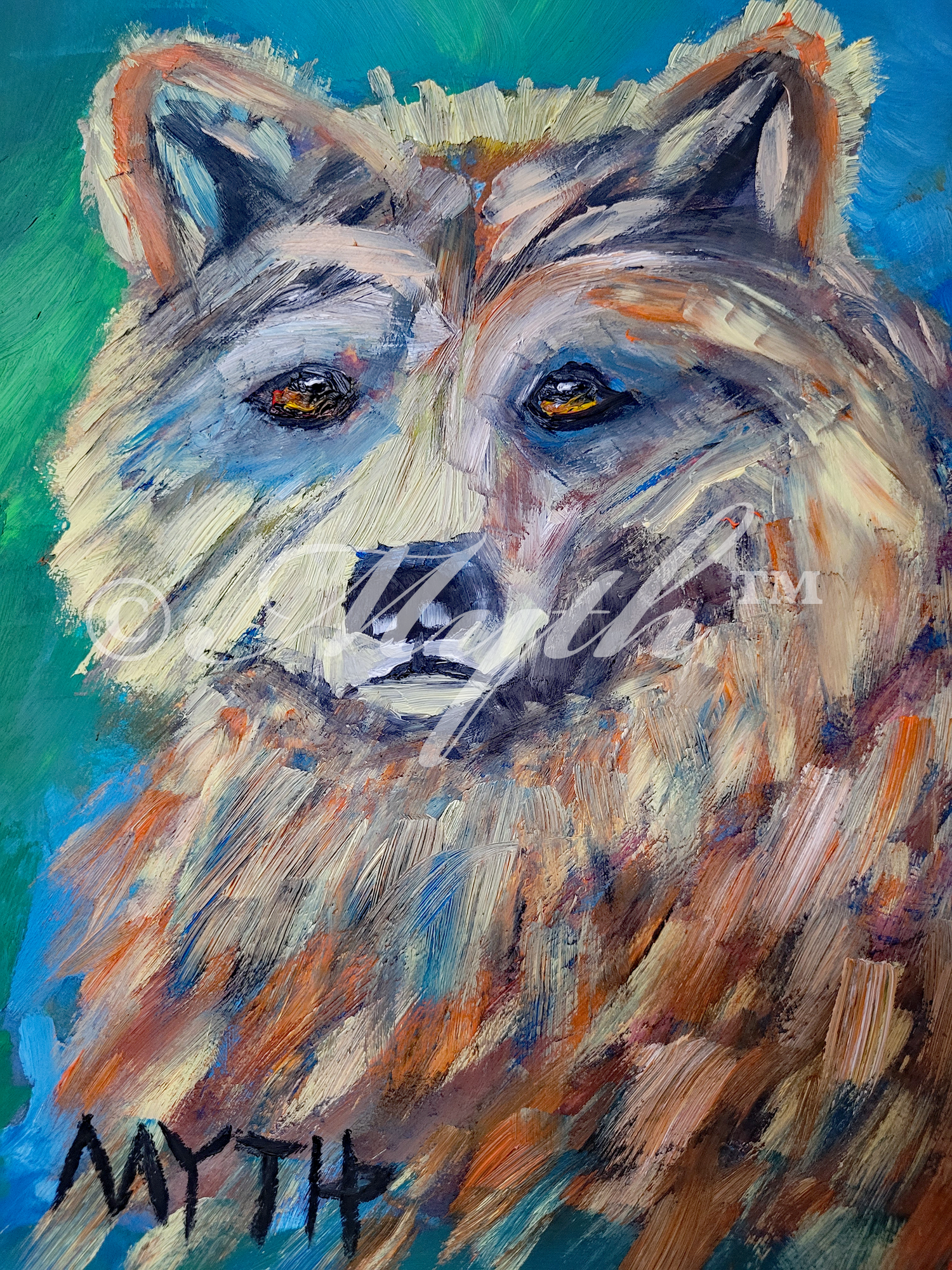 Oil painting on wood by artist MYTH, titled "Furry Bear", a bear painted in multiple colors with unblended, thick brushstrokes and a unique style. The artist's signature, MYTH, is in the bottom left corner and the image is watermarked for copyright protection purposes.