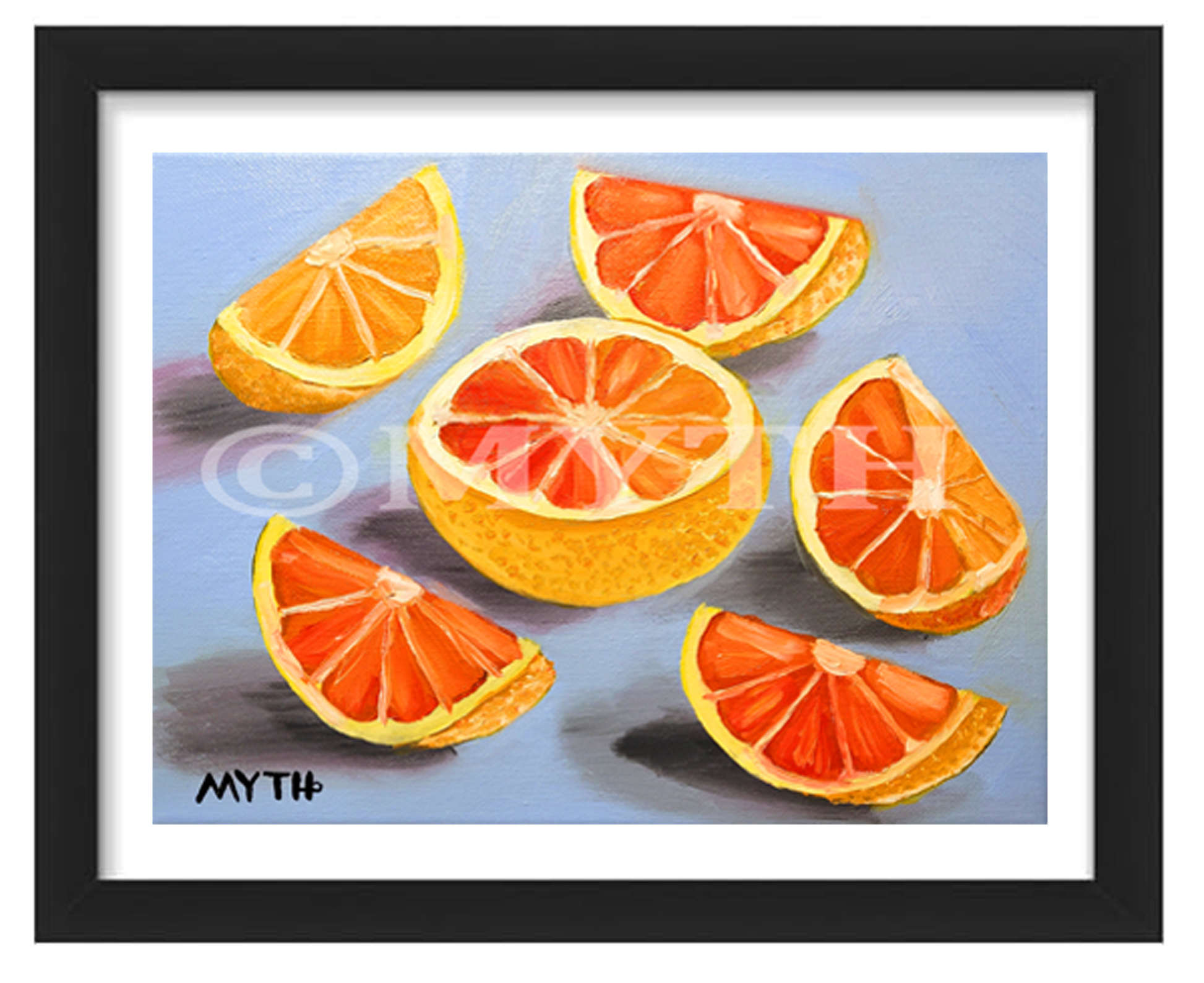 Framed reprint of artist MYTH's original oil painting "Grapefruit". 