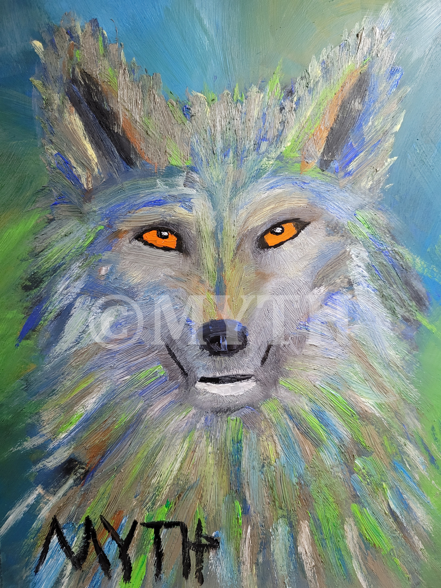 Oil on wood painting of a colorful green, blue and gray wolf portrait against a gradient background. The artist's signature MYTH is in the lower left corner and the image is watermarked for copyright protection purposes.