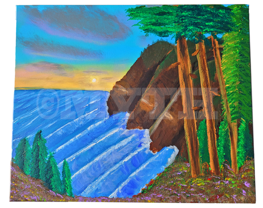 Authentic free hand acrylic on canvas painting of ocean waves crashing against a cliffside, with trees in front and autumn foliage around. 