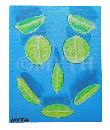 Reprint of artist MYTH's oil painting "Lime Happy" on gallery-wrapped canvas, a neat arrangement of lime slices that make a smiling face. 