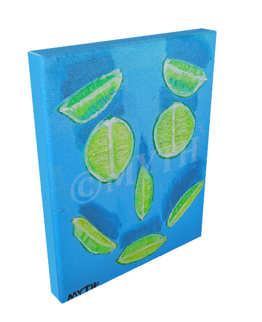 Reprint of artist MYTH's oil painting "Lime Happy" on gallery-wrapped canvas, a neat arrangement of lime slices that make a smiling face. 