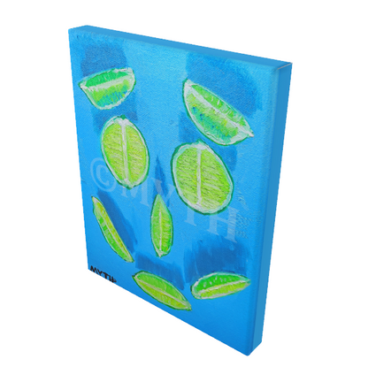 Reprint of artist MYTH's oil painting "Lime Happy" on gallery-wrapped canvas, a neat arrangement of lime slices that make a smiling face. 