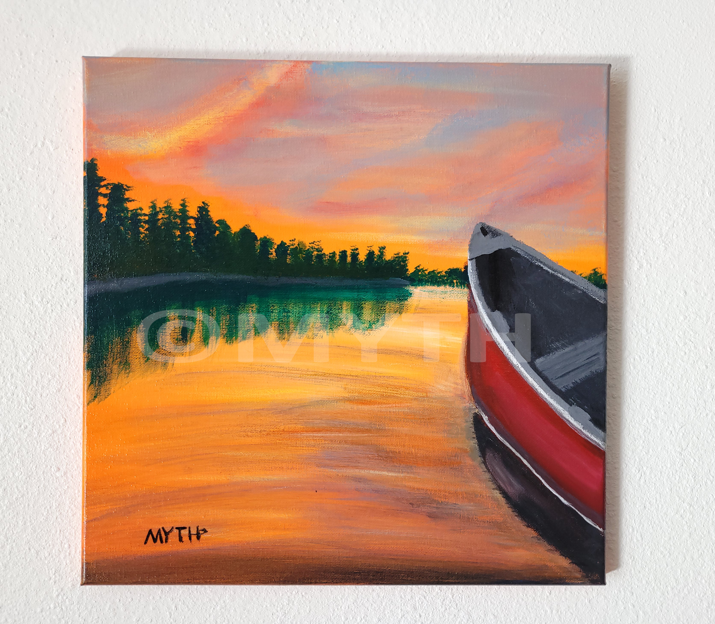 Acrylic on canvas painting titled Lost Creek, with a canoe on a lake surrounded by trees and a sunsetting sky.