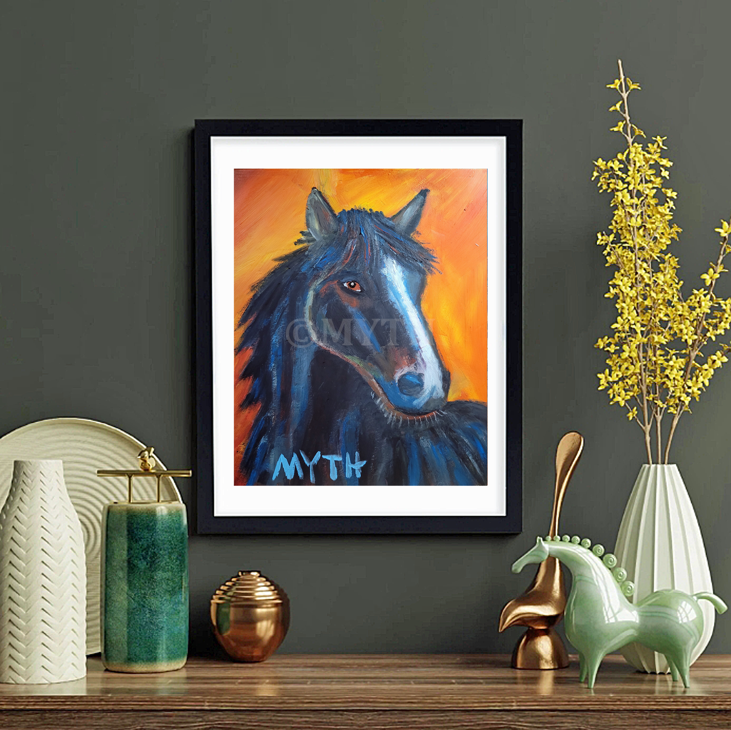 Professionally matted and framed re-print of "Nightmare", an authentic oil painting by artist MYTH, a hand-painted black horse standing proud against a bright orange background. The image is watermarked ©MYTH for copyright protection purposes.
