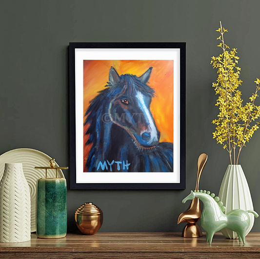 Professionally matted and framed re-print of "Nightmare", an authentic oil painting by artist MYTH, a hand-painted black horse standing proud against a bright orange background. The image is watermarked ©MYTH for copyright protection purposes.