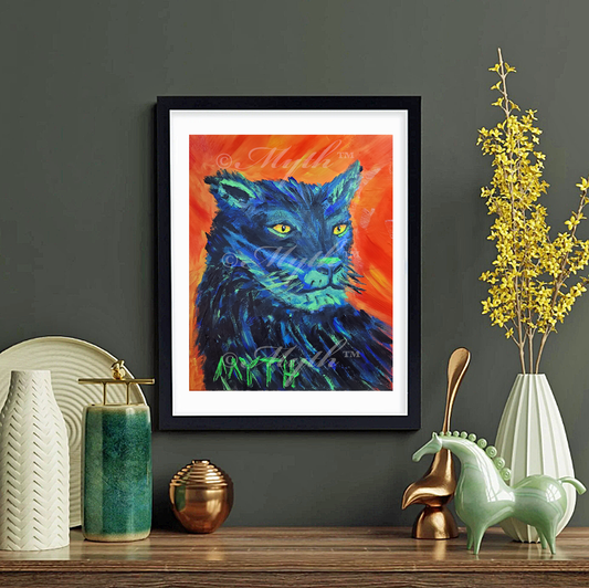 Framed reprint of MYTH's original oil painting Neon Panther