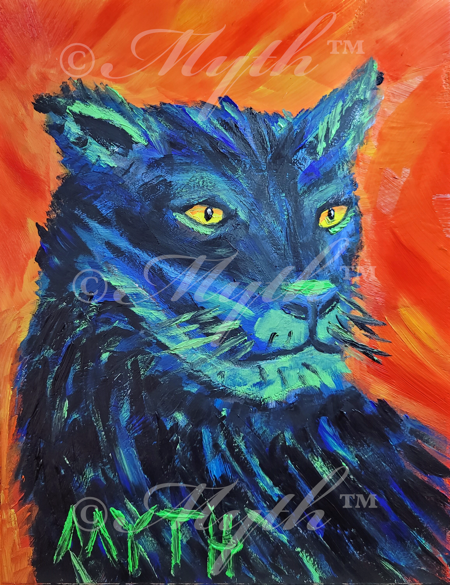 An oil on wood painting of a panther, depicted in blues, blacks, and greens, with thick uneven, textured brushstrokes. The background is a gradient mixture of oranges, reds and yellows. The artist's signature MYTH is in the lower left corner and the image is watermarked for copyright protection purposes.