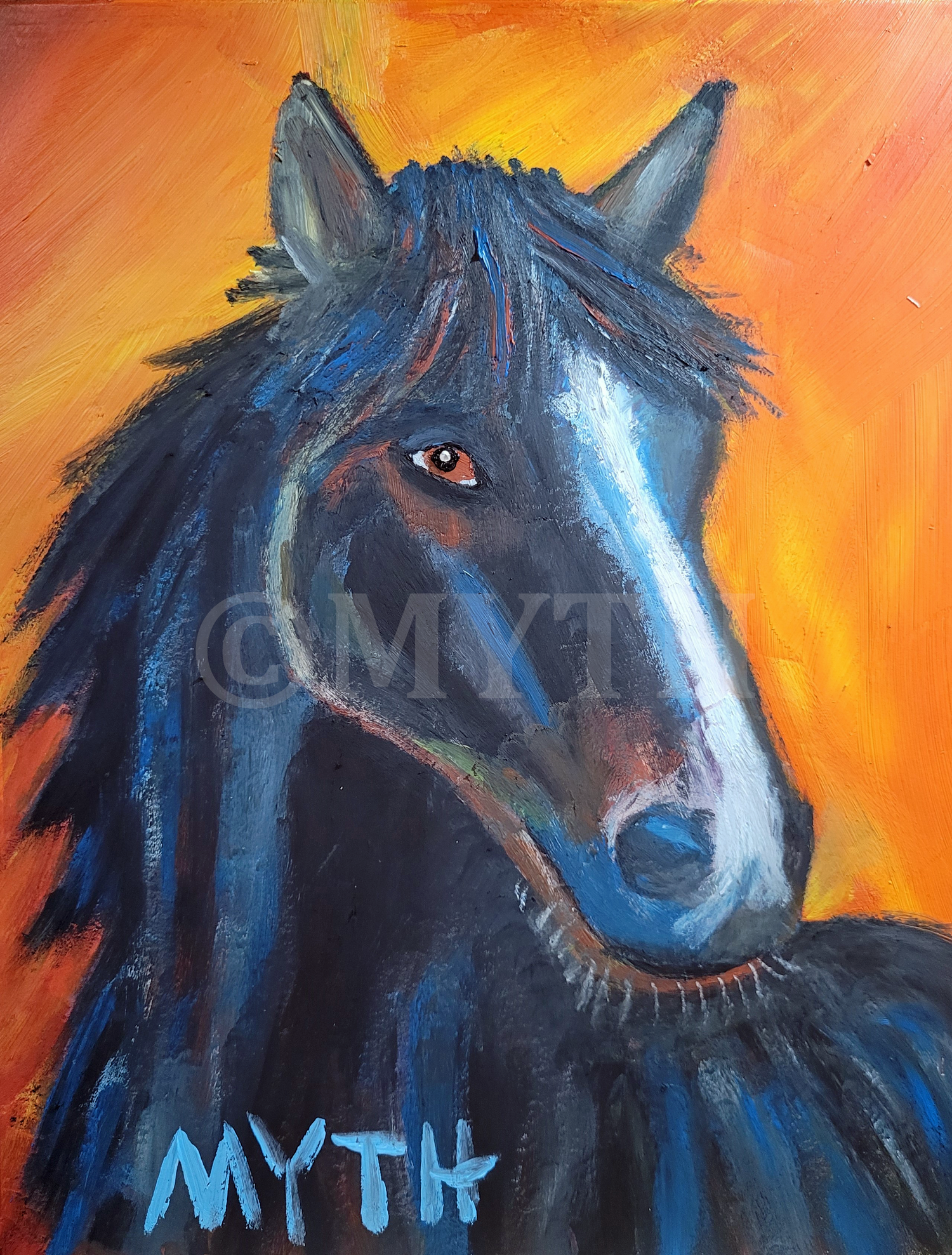 Oil painting on wood of "Nightmare", a horse by artist MYTH. The horse is black with blue highlights on its body and face, and blue and red highlights in its hair. The artist's signature, MYTH, is in the bottom left corner and the image is watermarked for copyright purposes.
