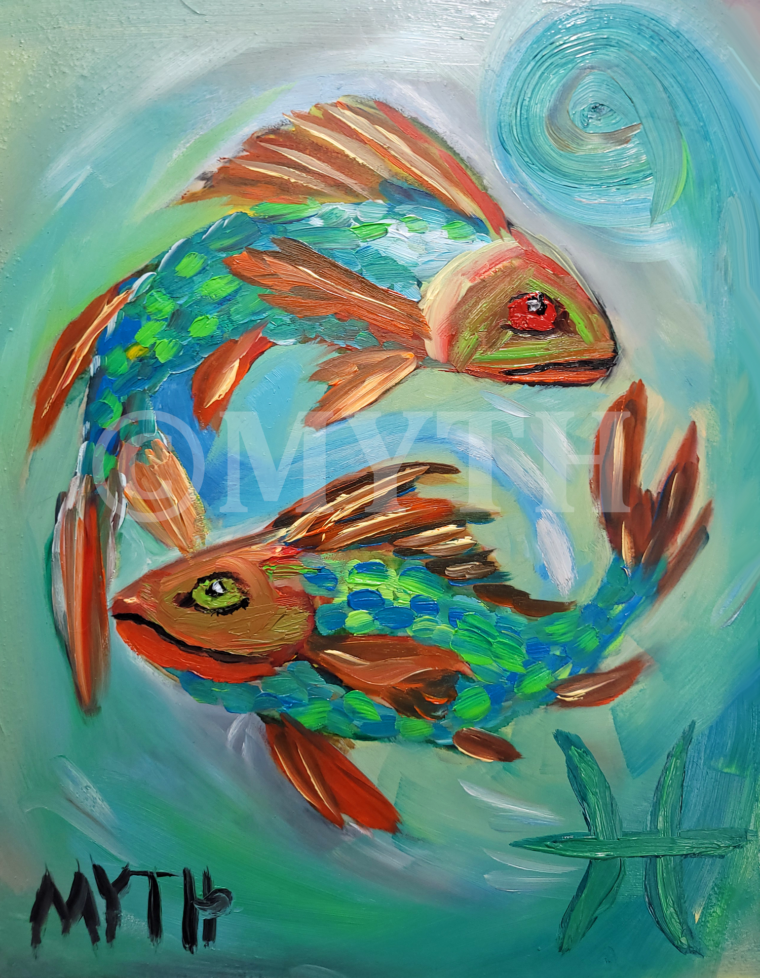 Oil painting on wood titled Pisces. It is the pisces zodiac sign of two fish, painted in a bright painterly style with blues, greens, reds, oranges. The background is gradient blends of greens, blues, and whites. The zodiac Pisces symbol is in the lower right corner. The artist's signature MYTH is in the lower left corner and the image is watermarked for copyright protection purposes.