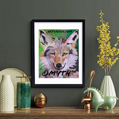 Authentic hand-painted framed reprint of an oil painting on wood, titled "Pretty Boy" by artist MYTH. The painting is a pretty dog, a pup portrait in a painterly style featuring unique colors and brushstrokes. 