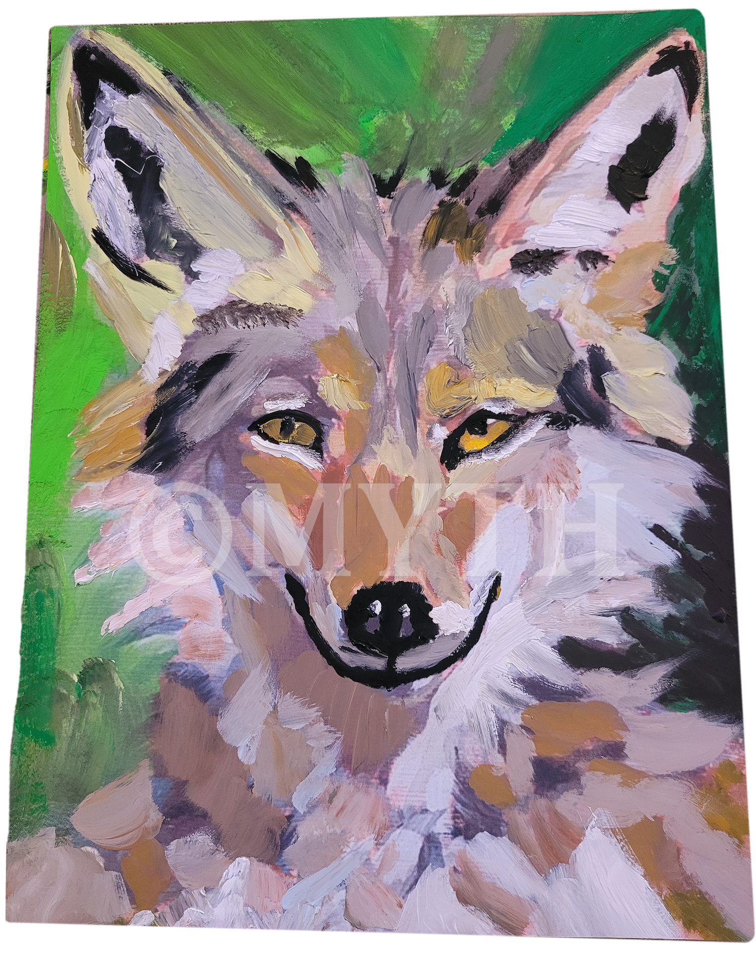 Oil on wood painting of a canine called Pretty Boy by artist MYTH. The canine is painted in thick, uneven brushstrokes and unique textures, in browns, blacks and grays. The background is gradient greens. The artist's signature MYTH is in the lower left corner and the image is watermarked for copyright protection purposes.