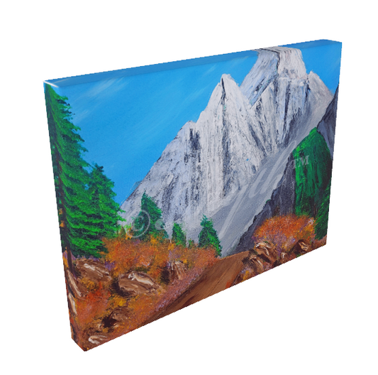 Reprint of artist MYTH's authentic acrylic painting titled Summit Road, a nature scene with mountains, trees, rocks, and  a dirt path. Sold by Vibin Art.