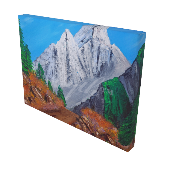 Reprint of artist MYTH's authentic acrylic painting titled Summit Road, a nature scene with mountains, trees, rocks, and  a dirt path. Sold by Vibin Art.