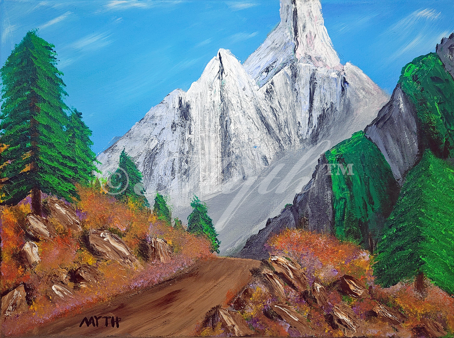 Acrylic on canvas painting of "Summit Road" by artist MYTH. A landscape scene of snowy mountains, center background. To the right is a mountain range, to the left is a hill. There are trees and autumn bushes on both sides, on either side of a dirt path at the front of the image. The image is watermarked ©Myth for copyright protection purposes.