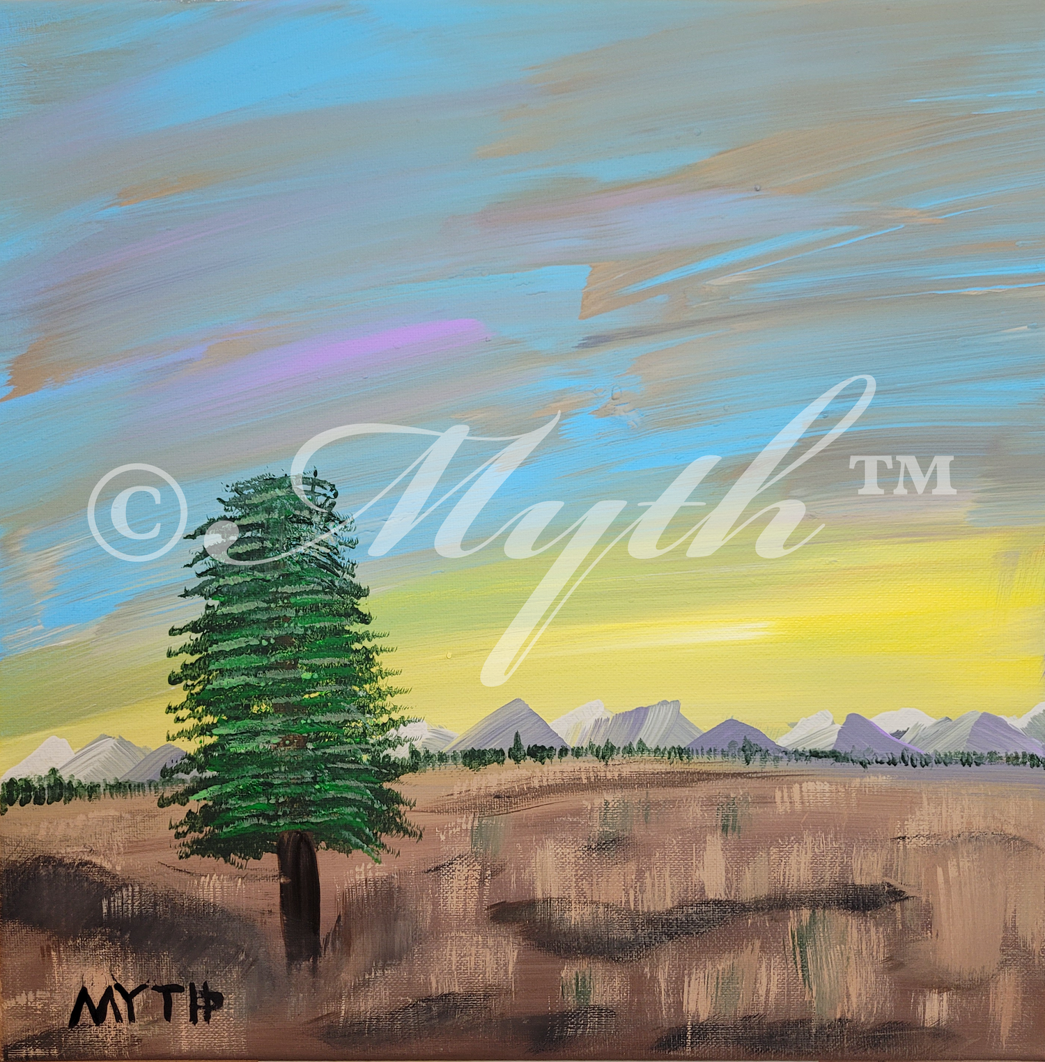 Acrylic on canvas painting of "Southern Cedar Sunset" by artist MYTH, a lone cedar tree standing in a desert-type field, with a mountain range line in the background and a yellow/pink sunset sky. The image is watermarked ©MYTH for copyright protection purposes.