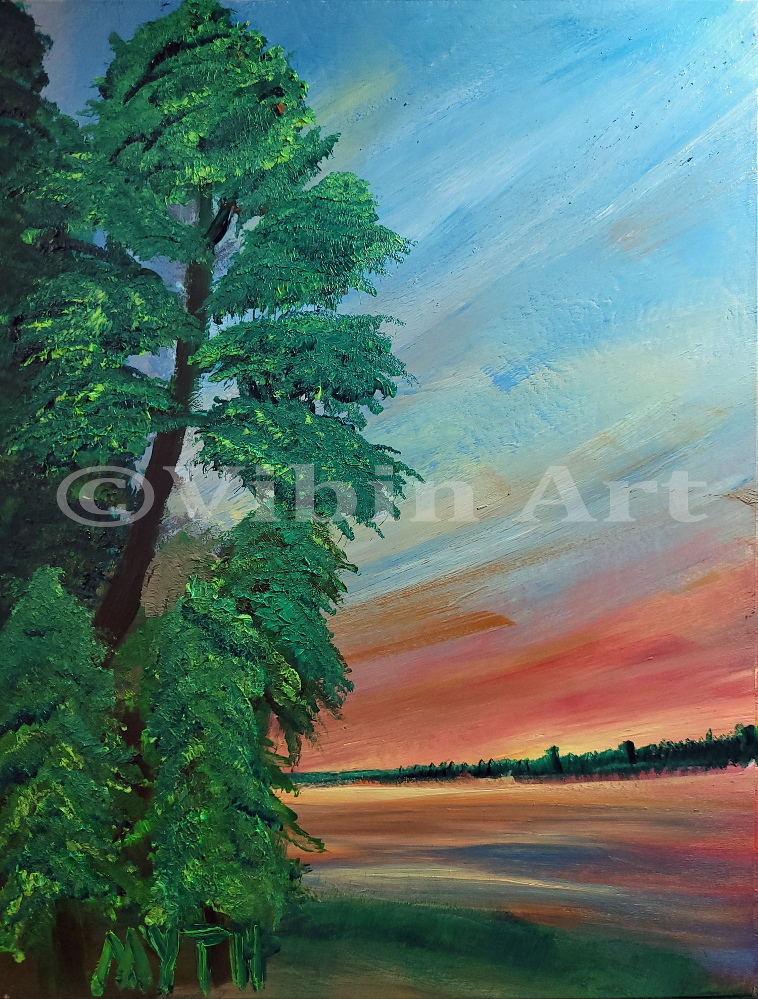 Oil on wood painting of "Strawberry Sunset" by artist MYTH, a sunset scene with trees on one side of the painting, and water on the right. There is a tree line in the background and a pink, orange, and yellow sunset in the sky. The artist's signature MYTH is in the lower left corner and the image is watermarked ©Vibin Art for copyright protection purposes.