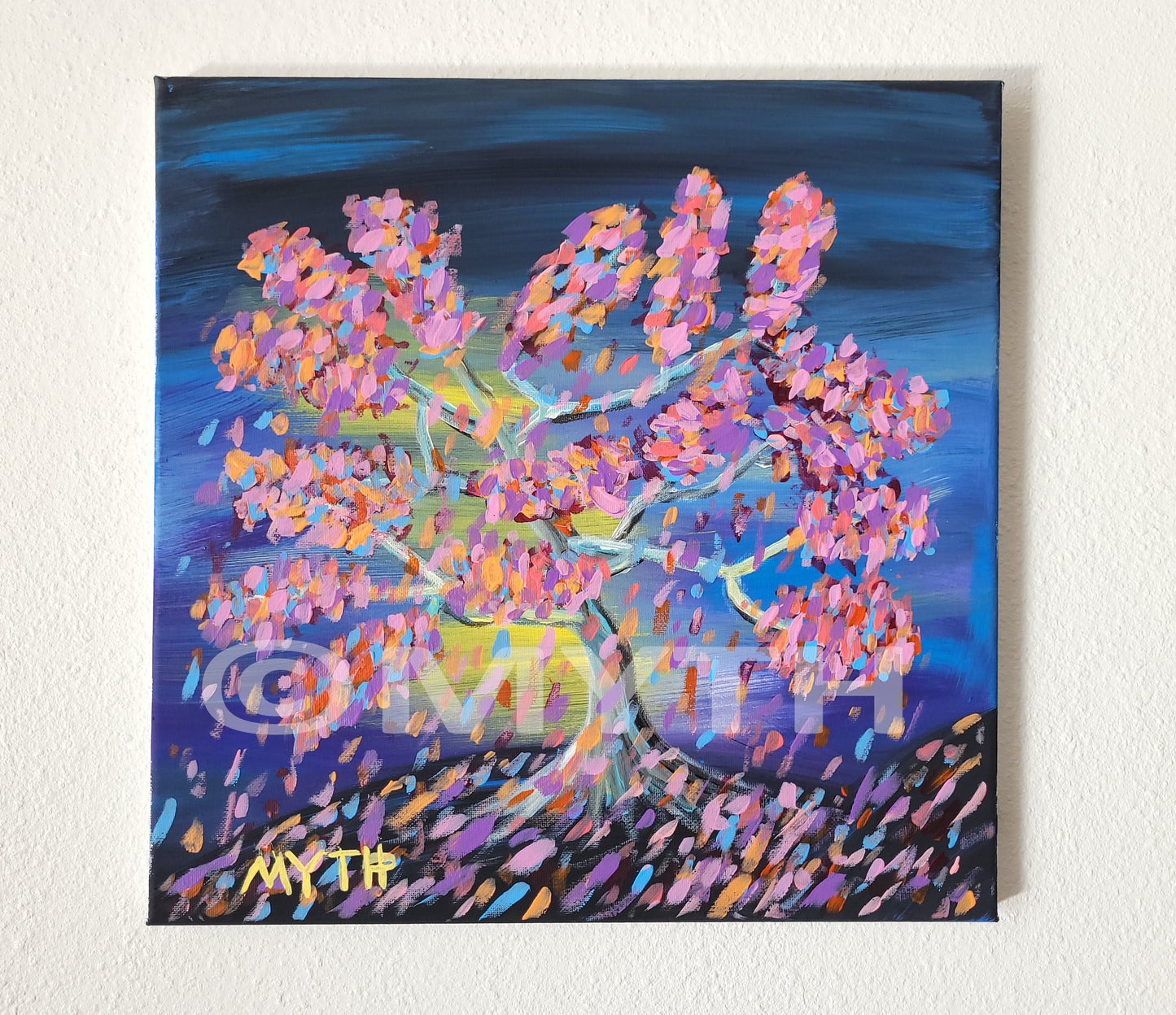 Acrylic on canvas painting of Tree of Colors, a beautiful bright tree standing against a dark sky, with pastel, petal-like leaves in lots of different colors: purples, yellows, pinks, blues, oranges. 