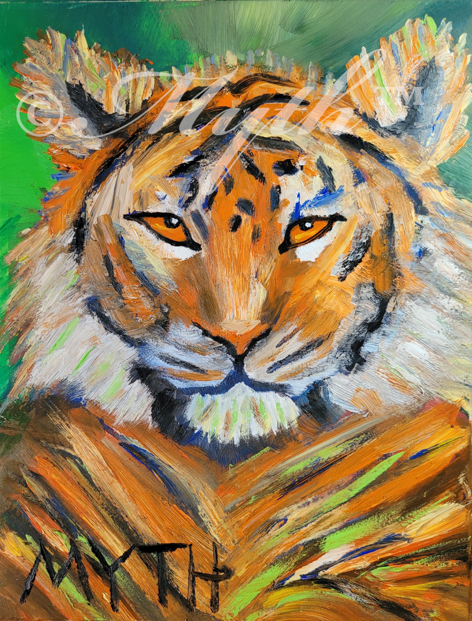 Oil painting of a tiger portrait by artist MYTH. The tiger is placed against a gradient green background. The artist's signature, MYTH, is in the bottom left corner and the image is watermarked for copyright protection purposes.