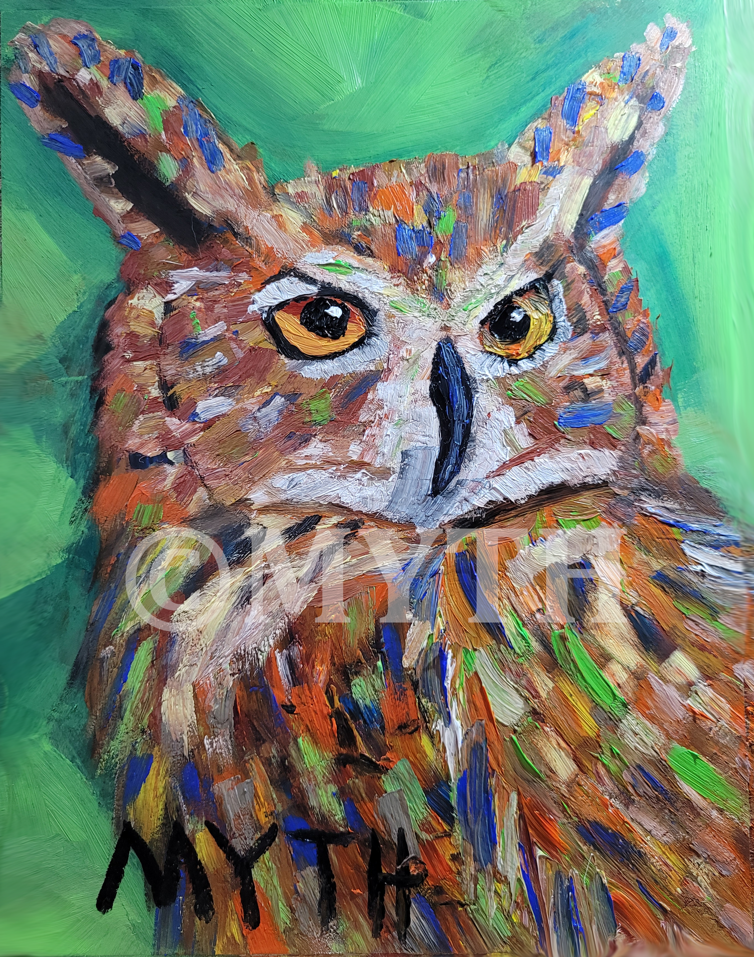 Oil on wood painting of a colorful owl portrait, painted in thick brushstrokes and unblended textures. The artist's signature MYTH is in the lower left corner and the image is watermarked for copyright protection purposes.