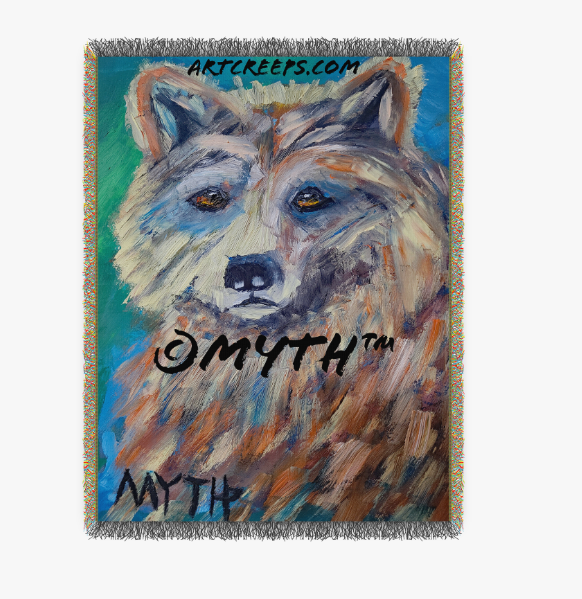 100% cotton woven blanket by Art Creeps, featuring an animal wildlife print of an authentic hand-painted oil painting of "Furry Bear" by artist MYTH. The bear is painted with unblended brushstrokes and unique colors and tones. 